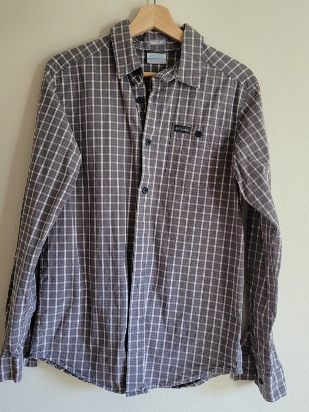 Columbia Long Sleeve Shirt Gray Check Button Up Pocket Mens Size Small Regular